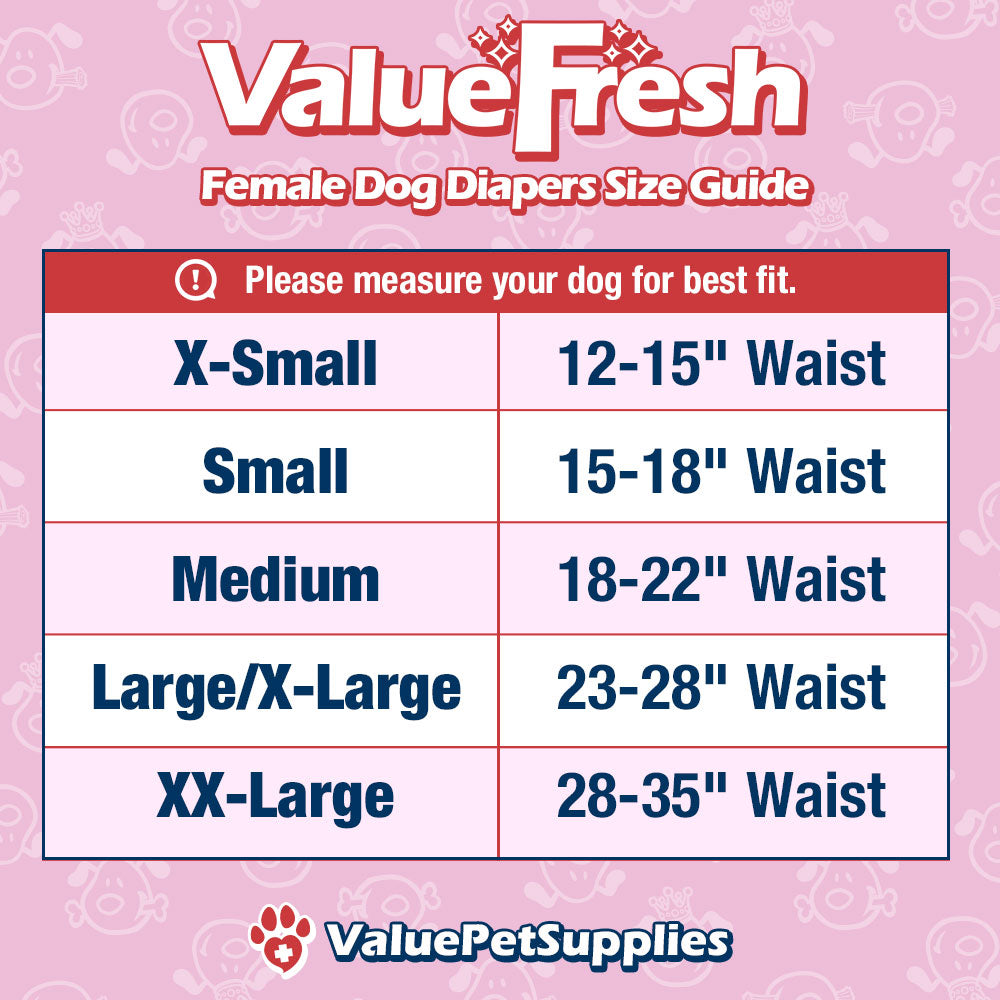 ValueFresh Female Dog Disposable Diapers, X-Small, 144 Count - Full Coverage w/Tail Hole, Snag-Free Fasteners, Leak Protection, Wetness Indicator 